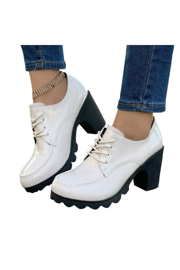 Women's Leather Classic Lace Up Platform Chunky Mid-Heel Round Toe Dress Pump Shoes White 7(39)