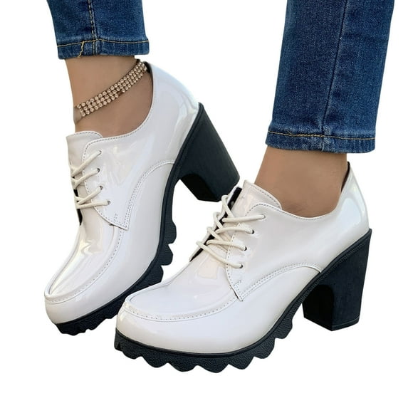 Miluxas Women's Leather Classic Lace Up Platform Chunky Mid-Heel Round Toe Dress Pump Shoes White 7.5(40)