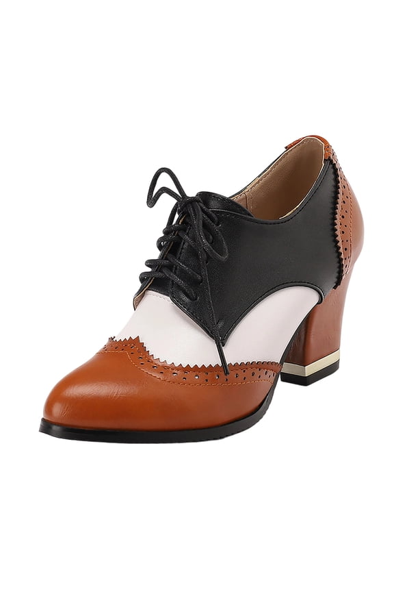 Women's Leather Classic Lace up Platform Chunky Mid-Heel Pointed Toe Oxfords Dress Pump Shoes Brown 6.5(38)