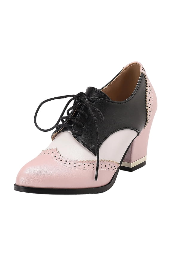 Women's Leather Classic Lace up Platform Chunky Mid-Heel Pointed Toe Oxfords Dress Pump Shoes Pink 7(39)