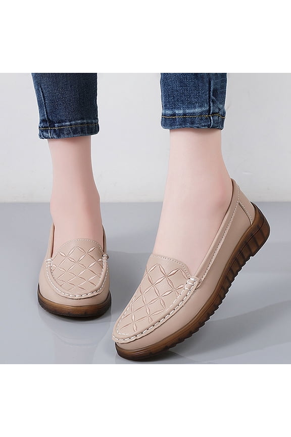 Women's Leather Classic Moccasins Comfortable Round Toe Slip-On Driving Boat Soft Lightweight Casual Ladies Flats Loafers Khaki 5.5(36)