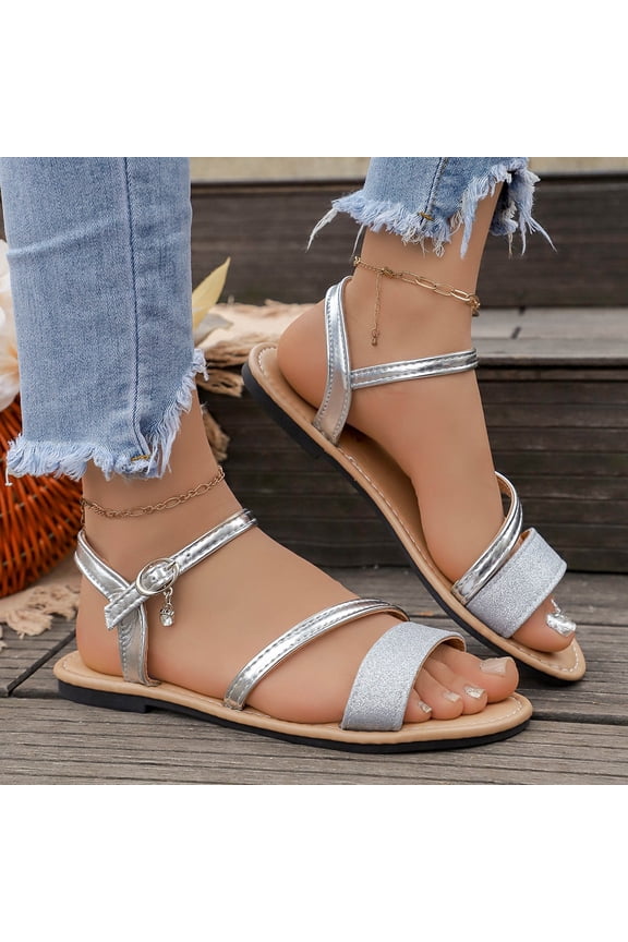 Women's Leather Crossing Ankle Straps Sandals Flat Open-toe Summer Flat Shoes Silver 7(39)