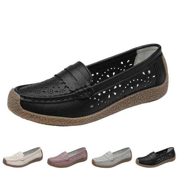 Miluxas Women's Leather Hollow Round Toe Slip on Loafers Shoes Breathable Soft Bottom Shallow Mouth Flat Driving Walking Shoes Casual Moccasins Boat Shoes Pink 8.5(41)