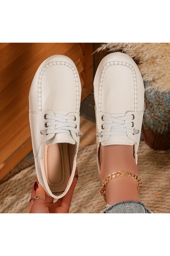Women's Leather Lace-Up Flat,Classic Round Toe Soft Sole Business formal Dress Driving Shoes Casual Comfortable Non-Slip Walking Shoes White 6(37)