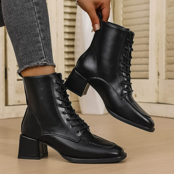 Miluxas Women's Leather Lace-Up Square Toe Block Heel Combat Boots Black 6(37)