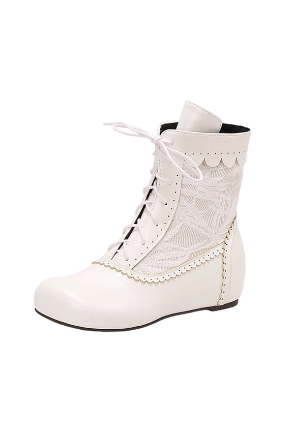 Women's Leather Lace-up Round Toe Flat Ankle Boots Fashion Retro Non-Slip Flats Fall/Winter Keep Warm Combat Boots White 7(39)