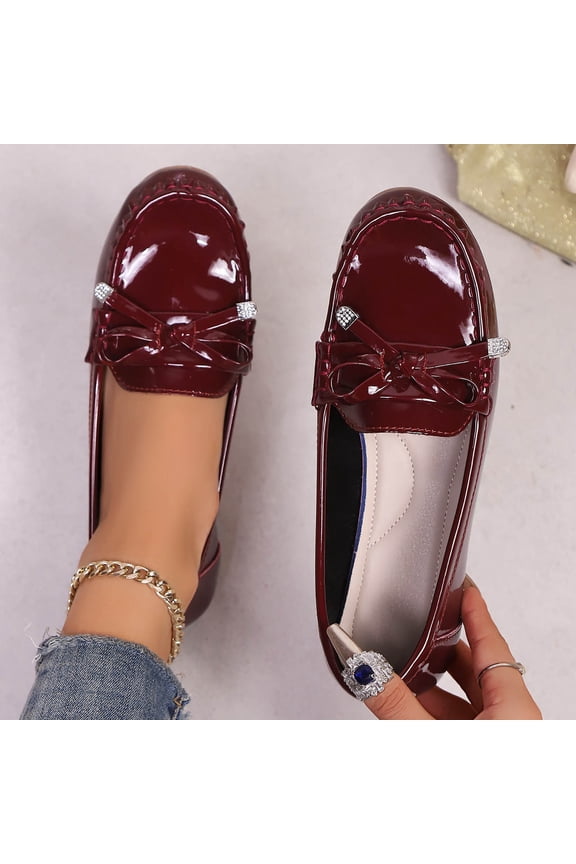 Women's Leather Loafers Low Chunky Heel Slip on Pumps Round Toe Casual Shoes Wine 6.5(38)