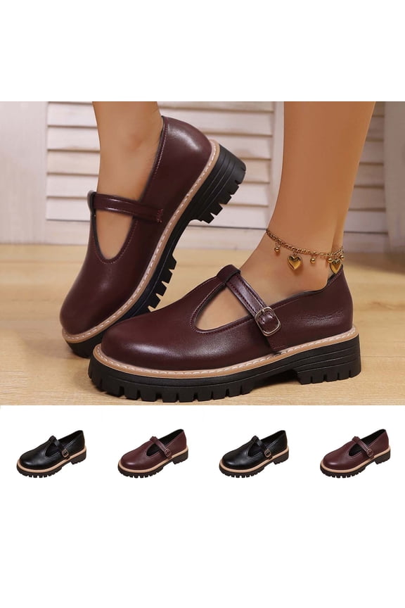 Women's Leather Mary Janes Shoes Flats Chunky Low Heels Platform Retro Classics Round Toe Ankle Strap Wine 9.5(43)
