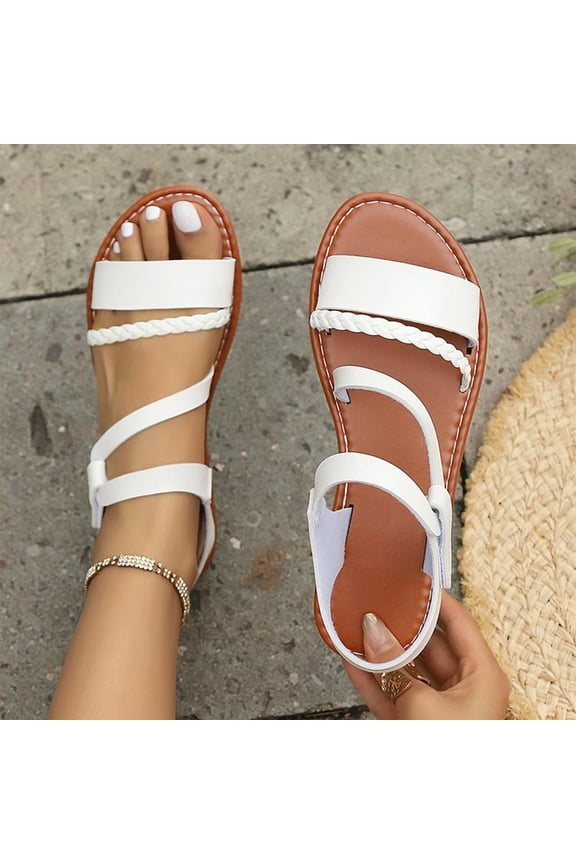 Women's Leather Open Toe Ankle Strap Sandals Dressy Summer Beach Vacation Flat Sandals White 8.5(41)