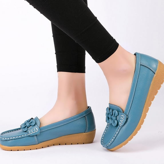 Miluxas Women's Leather Platform Loafers Classic Casual Comfort Slip-On Shoes Soft Sole Dress Shoes Blue 10(44)
