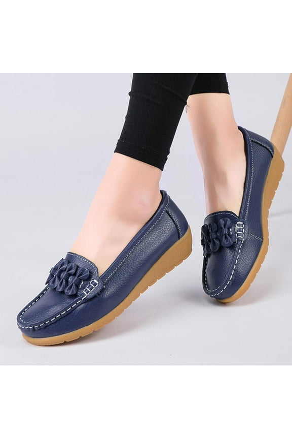 Women's Leather Platform Loafers Classic Casual Comfort Slip-On Shoes Soft Sole Dress Shoes Navy 8.5(41)