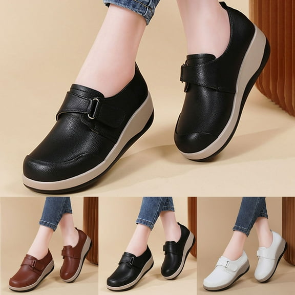 Miluxas Women's Leather Platform Slip-On Loafers Comfortable Casual Wedge Heel Non-Slip Walking Shoes Work Nurse Shoes White 8.5(41)