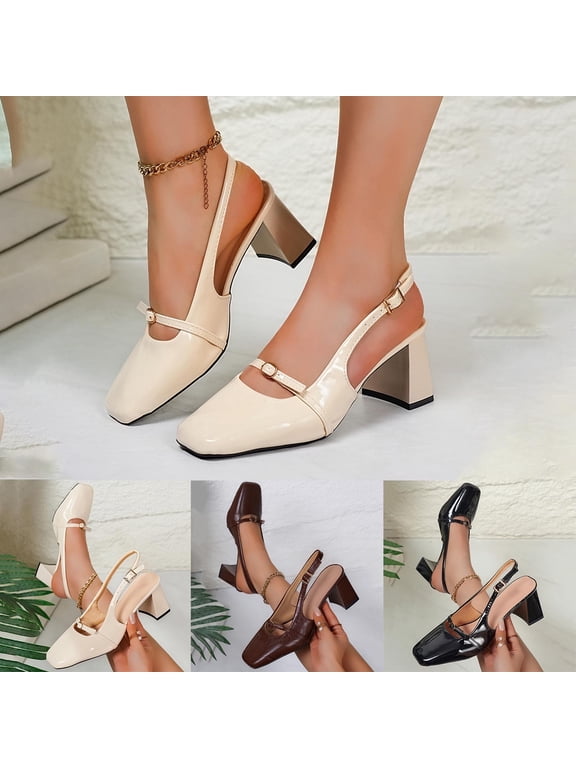 Women's Leather Slingback Chunky Heel Pumps Square Closed Toe Block Heel Elastic Strap Dress High Heels Fashion Walking Work Shoes Brown 9.5(43)