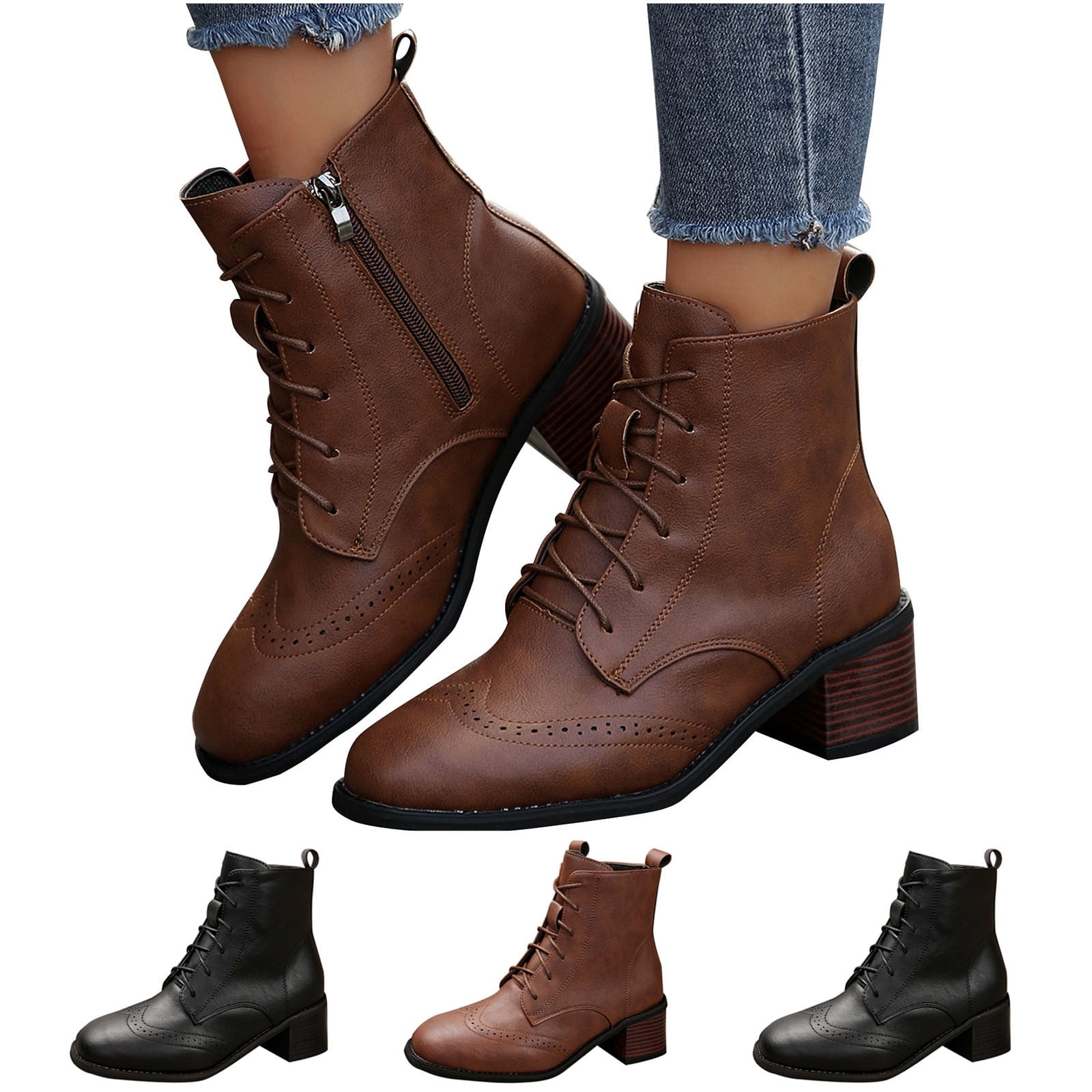 Miluxas Women s Leather Square Toe Lace Up Block Heel Combat Boots Clearance Ankle Boots Brown 9.5 43