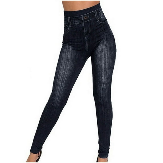 Miluxas Women's Leggings Faux Jeans Printed Pants High Waisted Yoga Pants for Women Slim Fit Elastic Pencil Pants Black