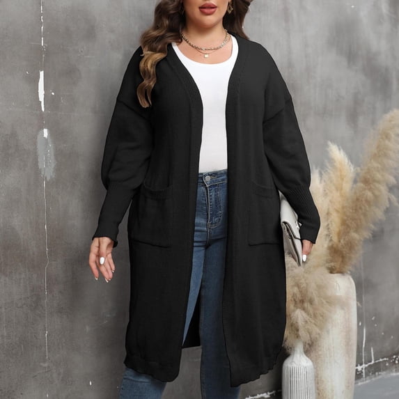 Miluxas Women's Lightweight Open-Front Cardigan Double Pockets Sweater (Available in Plus Size) Black 12(XXL)