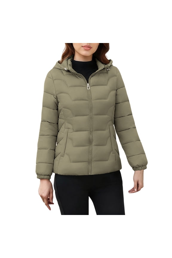 Women's Lightweight Puffer Jacket Hooded Winter Solid Color Casual Long Sleeve Cotton Padded Coat Army Green XXL(XXL)