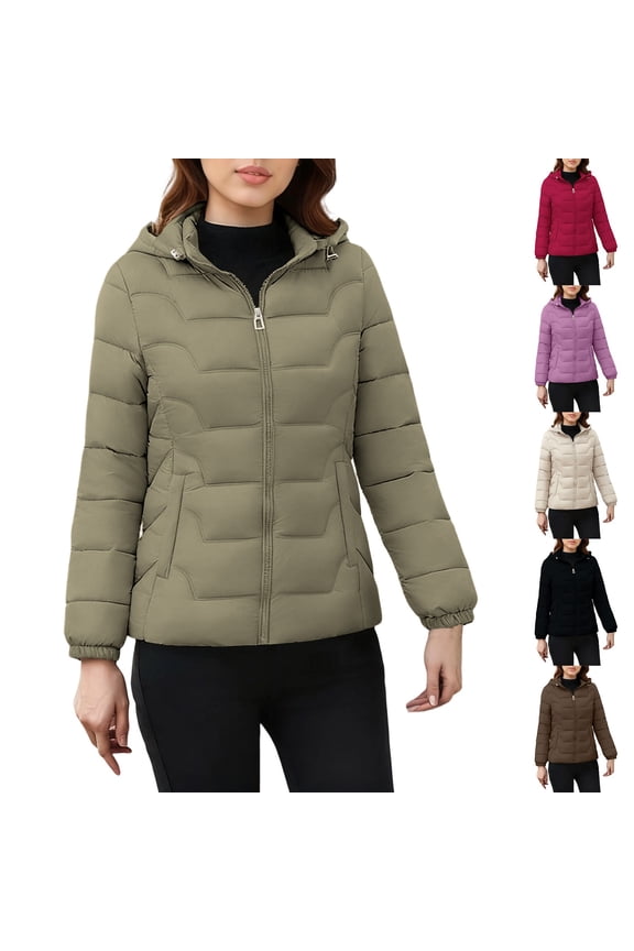 Women's Lightweight Puffer Jacket Hooded Winter Solid Color Casual Long Sleeve Cotton Padded Coat Red XL(XL)