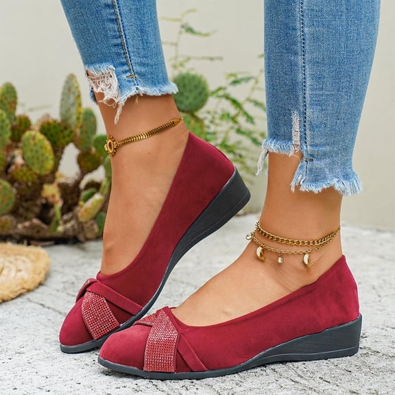 Miluxas Women's Lightweight Rhinestone Wedge Shoes Comfortable Women's Slip-On Flats Round Toe Ballet Shoes Women Red 7(39)