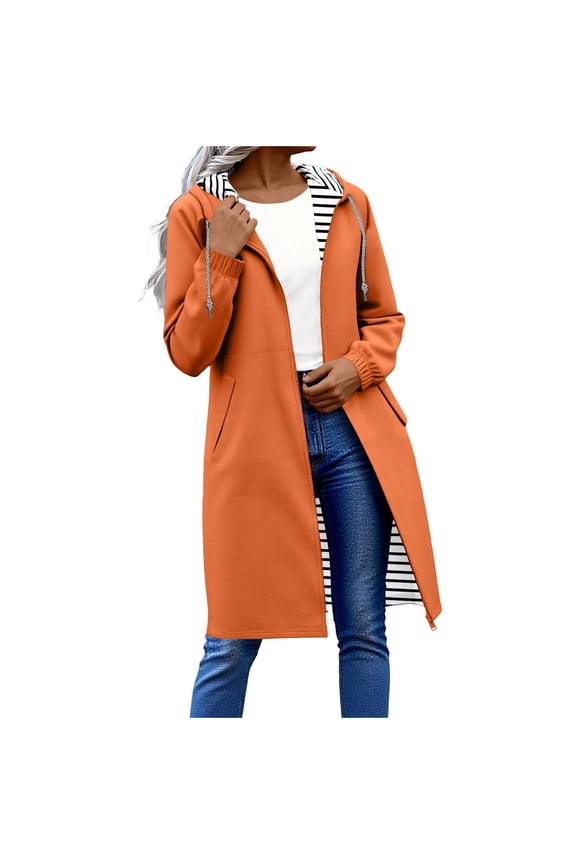 Women's Lightweight Waterproof Hooded Softshell Rain Jacket Warm Windbreaker Long Coat with Pocket Orange S(S)