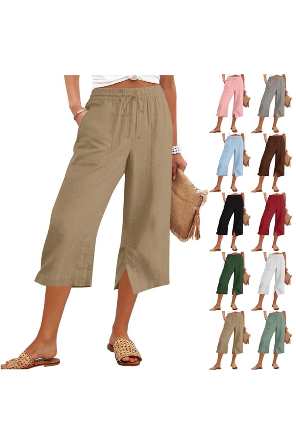 Women's Linen Blend High Waisted Capri Pants Casual Wide Leg Split Hem Capris with Pockets White