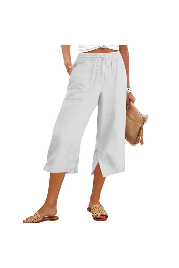 Women's Linen Blend High Waisted Capri Pants Casual Wide Leg Split Hem Capris with Pockets White