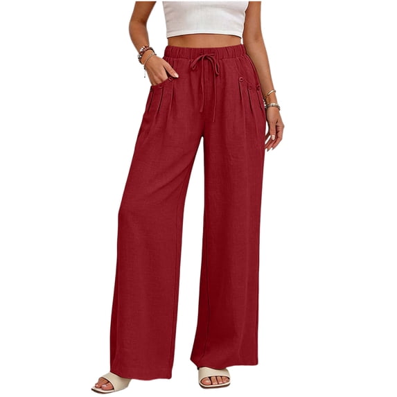 Miluxas Women’s Linen Blend Pants with Pockets, Casual Summer Drawstring Beach Pants Solid High Waisted Wide Leg Loose Palazzo Trouser Red