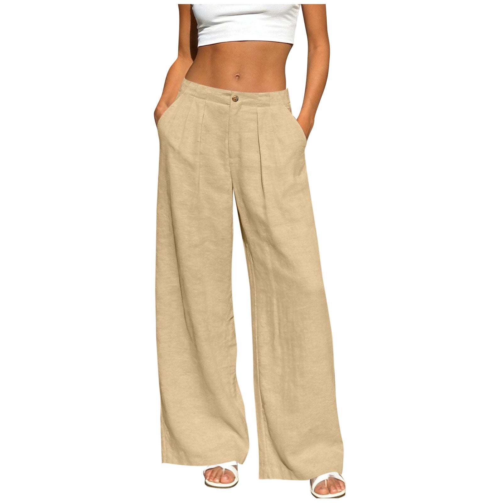 Miluxas Women's Linen Casual High Waist Wide Leg Straight Dress Cotton ...