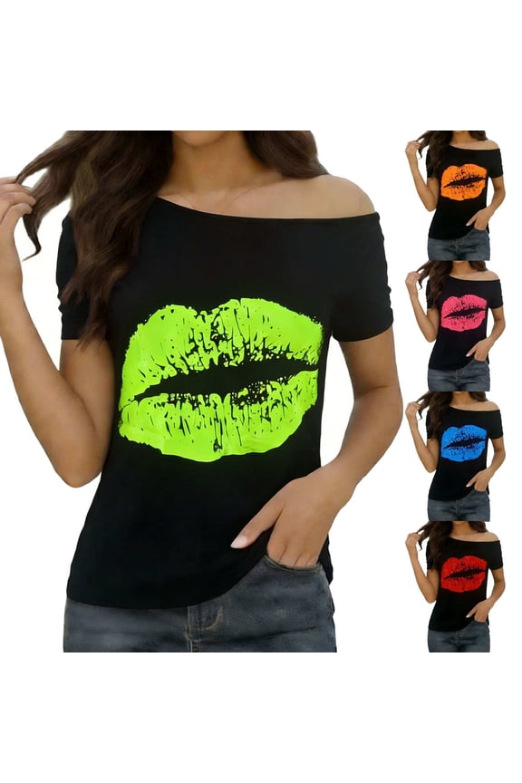 Women’s Lips Print Causal Tops off the Shoulder Short Sleeve Tee Loose Fit Summer Blouse Tops Red