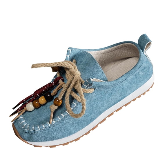Miluxas Women's Loafers Shoes, Bohemian Style Knot Bead Lace up Loafer Non-Slip Thick Sole Comfort Low Top Wedge Shoes Light Blue 6.5(38)