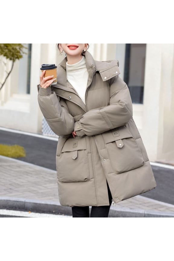 Women's Long Puffer Coat - Warm Winter Quilted Jacket Full Length Zip up Down Coat Thickened Puffy Parka with Hood Khaki M