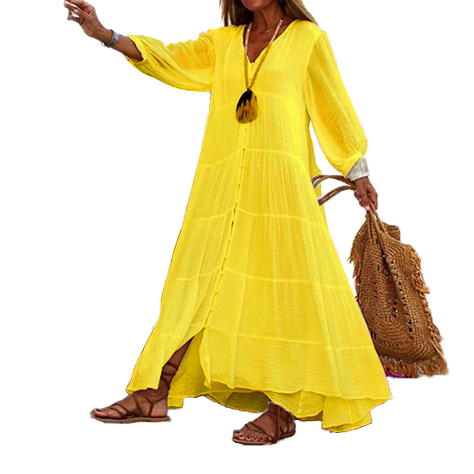 Miluxas Women's Long Sleeve Button Down Maxi Dress Loose Fit Cotton ...