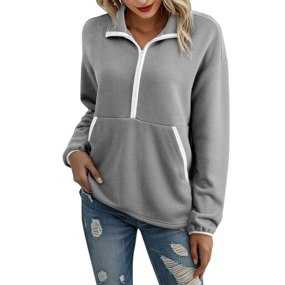 Miluxas Women's Long Sleeve Lapel Half Zip up Sweatshirt Solid Stylish Loose Fit Casual Pullover Tops Gray M(M)