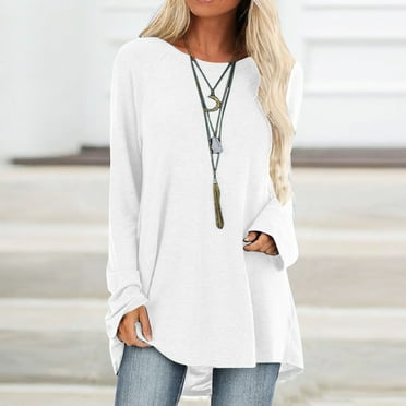 Miluxas Women's Long Sleeve Shirts Clearance, Loose Fit Crew Neck Tunic Tops Loose Fit Basic Pullover Tee Shirts White 10(XL)