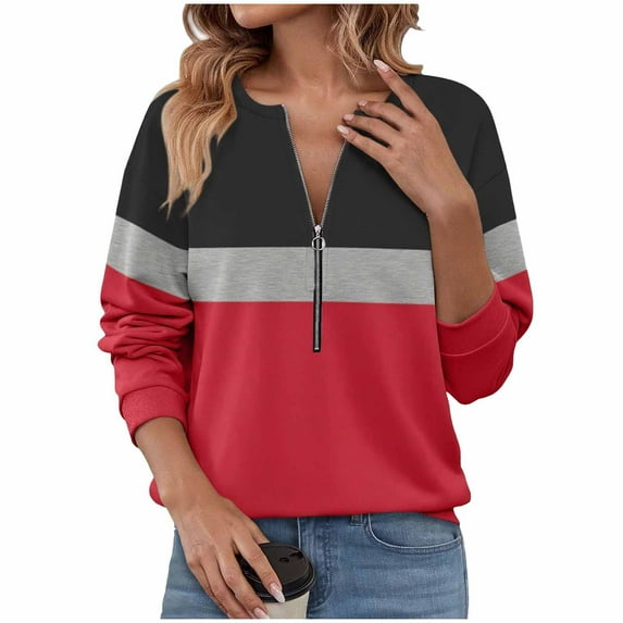 Miluxas Women's Long Sleeve Shirts Color Block Zipper Tops Tunics Casual Fall Ladies Tees Red L(L)