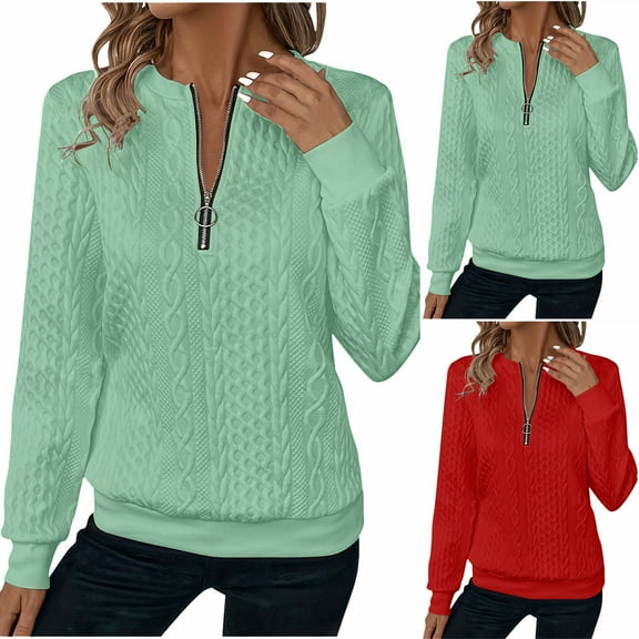 Miluxas Women's Long Sleeve Shirts Solid Color Zipper Tops Tunics Casual Fall Ladies Tees Red XL(XL)