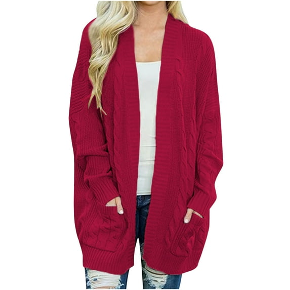 Miluxas Women's Long Sleeve Soft Chunky Knit Sweater Open Front Cardigans Outwear Coat Red 8(L)