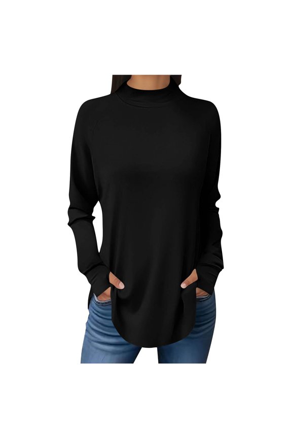 Women's Long Sleeve Tops Base Layer Tees Skinny Fit Half High Neck Soft Shirt Black M(M)