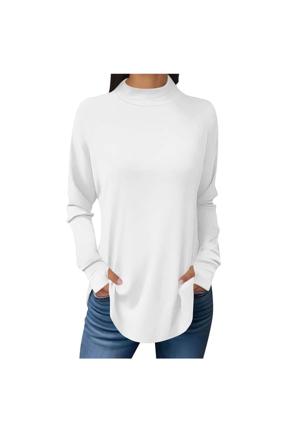 Women's Long Sleeve Tops Base Layer Tees Skinny Fit Half High Neck Soft Shirt White M(M)