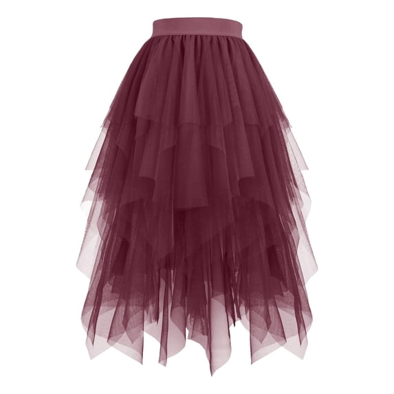 Miluxas Women's Long Tulle Skirt High Waisted A Line Mesh Cake Skirts Fluffy Tiered Tulle Maxi Skirt Wine