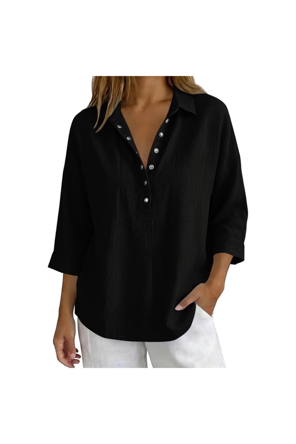 Women’s Loose Shirts with Snap Buttons 3/4 Sleeve Collared T Shirts Business Casual Tunic Blouses Collared Summer Blouses Black