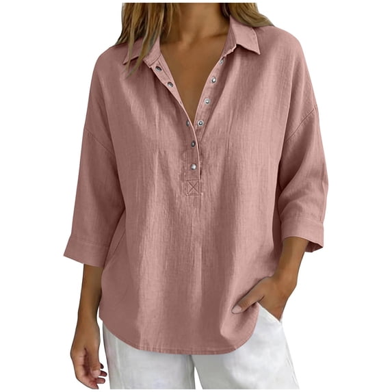 Miluxas Women’s Loose Shirts with Snap Buttons 3/4 Sleeve Collared T Shirts Business Casual Tunic Blouses Collared Summer Blouses Pink
