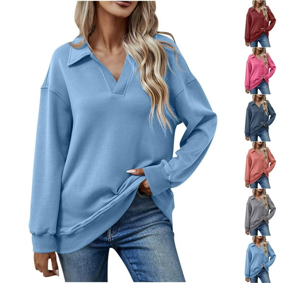Miluxas Women's Loose Solid Color Sweatshirt Lantern Sleeve Hoodless Sweatshirt Round Neck Long Sleeve Casual Top Watermelon Red XL(XL)
