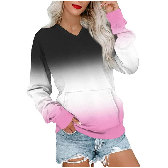 Miluxas Women's Loose V Neck Sweatshirt Loose Long Sleeve Gradient Printed Fashion Casual Dropped Shoulder Sweatshirt Top Pink L(L)