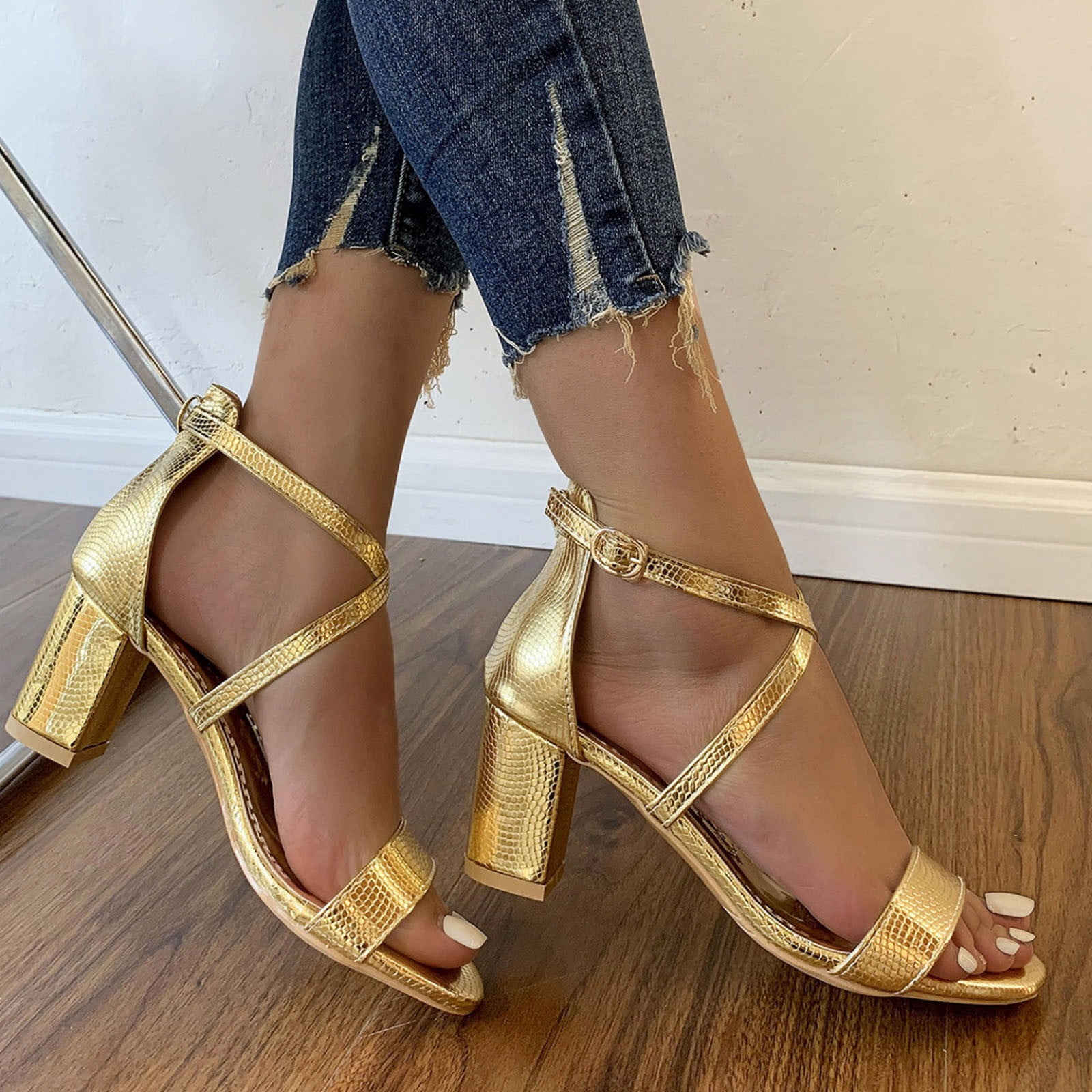 Gold low block heel sandals sales