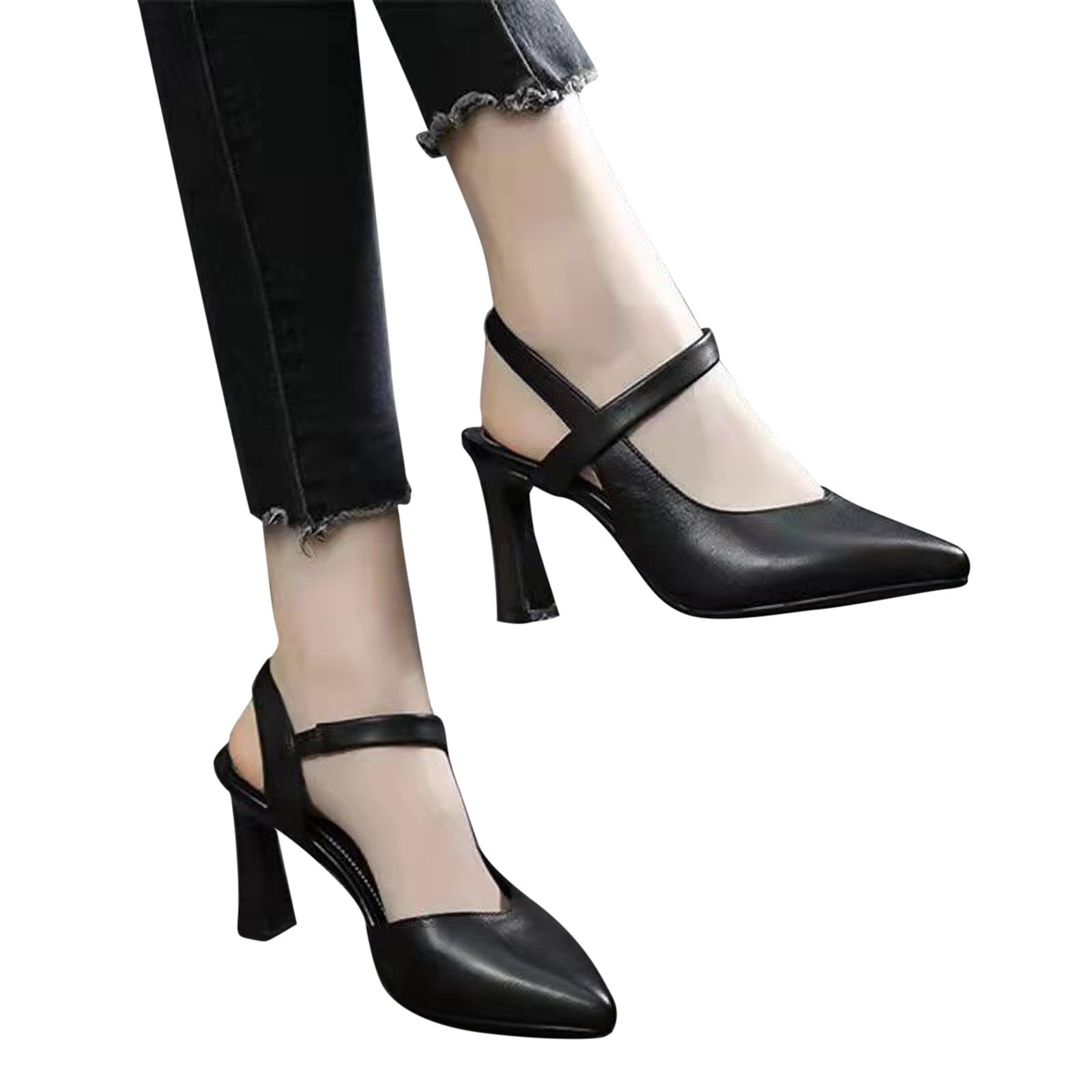 TNXZ Women's Slingback Chunky Heel Pumps - Pointed Toe, D Buckle, 4cm Block Heel, Black/Ivory/Khaki - View #6