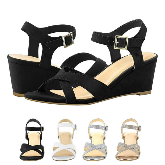 Miluxas Women's Low Wedge Sandals Ankle Strap Open Toe Casual Summer Women Wedge Heels Shoes White 9.5(43)