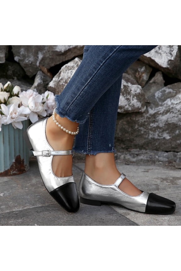 Women's Mary Jane Ballet Flats Hook Loop Comfort Slip on Cap Toe Casual Work Low Heel Flat Pumps Dress Shoes for Women Silver 5.5(36)
