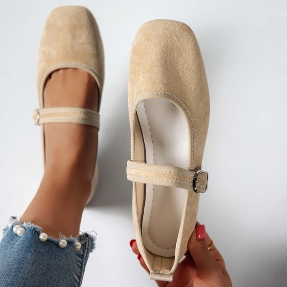 Miluxas Women's Mary Jane Ballet Flats, Square Toe Adjustable Buckle Suede Slip-On Casual Dress Shoes Beige 7(39)