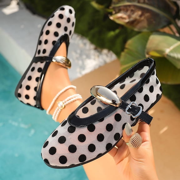 Miluxas Women's Mary Jane Flat Shoes Comfortable Polka Dots Dress Shoes Ankle Strap Round Toe Mesh Slip On Flats White 8.5(42)